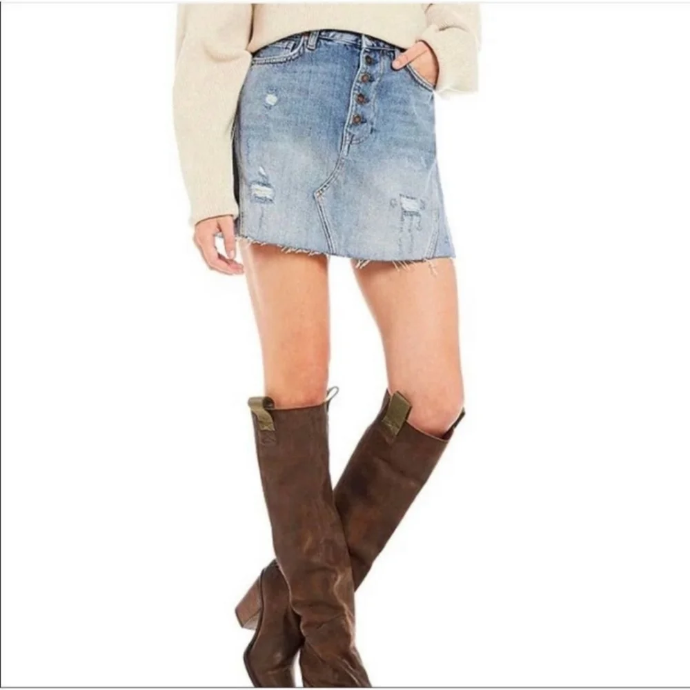 We the Free Denim Mini Skirt Distressed Button Fly - Picture 15 of 15